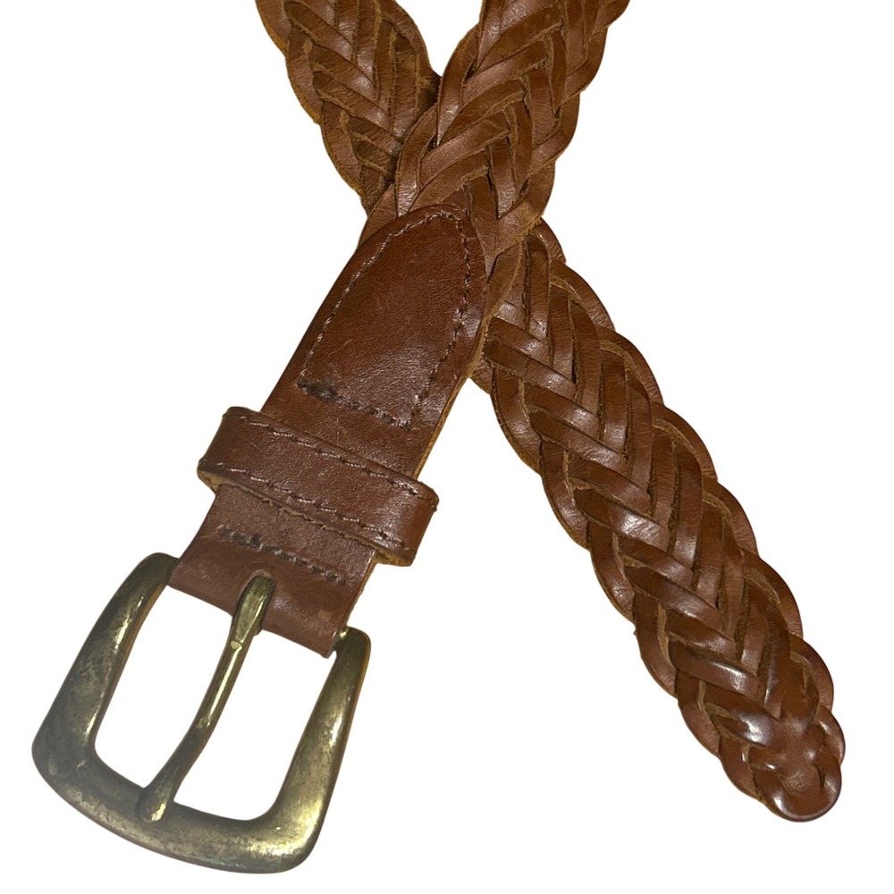 Vintage Brown Braided Genuine Leather Belt Brass Buckle Made in Guatemala ML